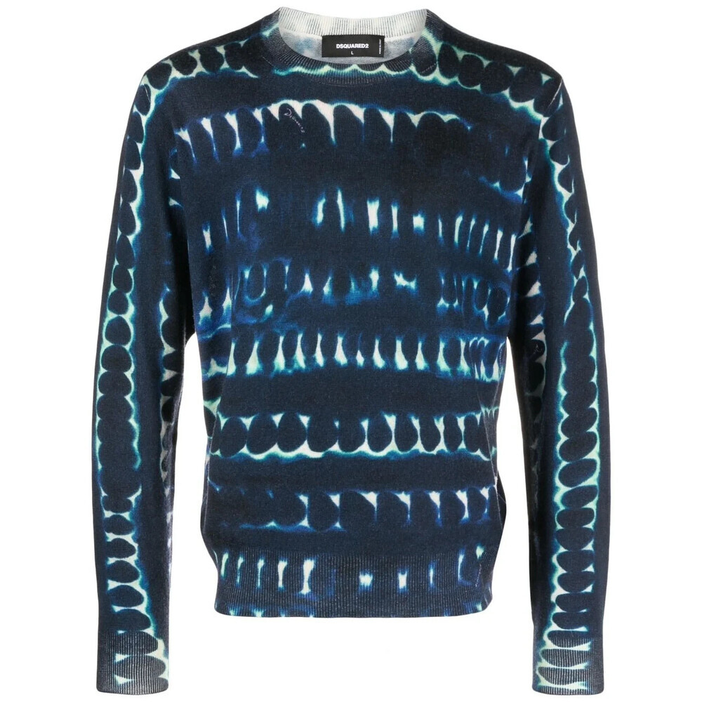 Dsquared2 Sweater Mens XL Blue White Tie-Dye Wool Crew Neck Long Sleeve RED08